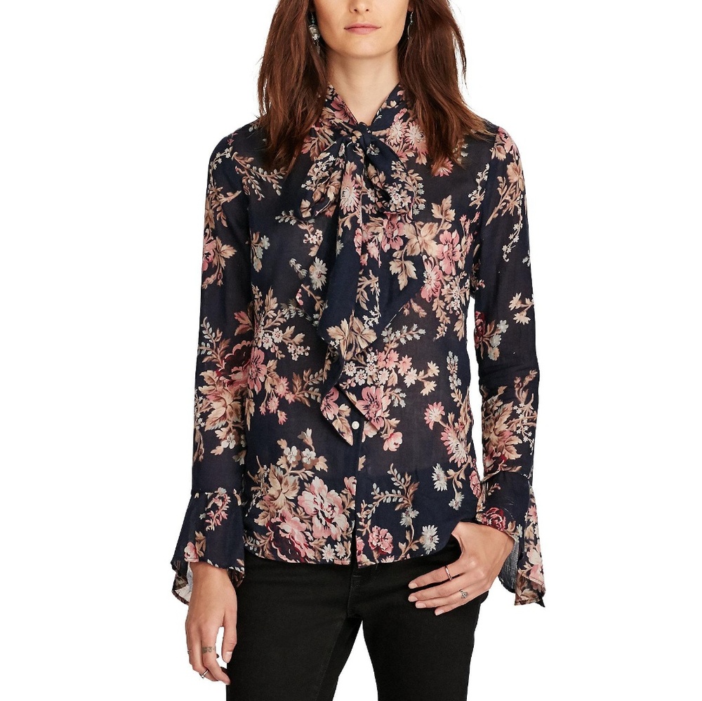 Denim and Supply Floral Tie-Neck Blouse